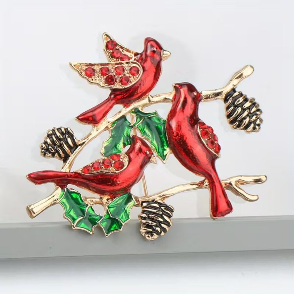 Trio of Cardinals Holiday Brooch